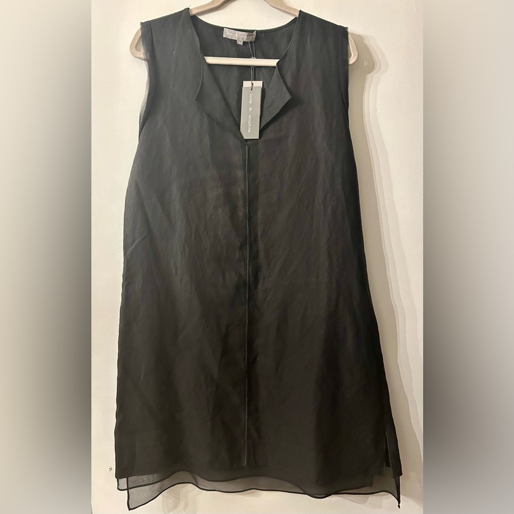 NWT Lola & Sophie L black sleeveless linen/lyocell shift dress silk accents
